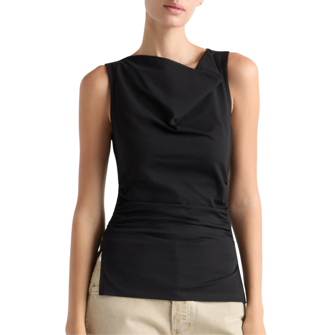 Josie Shirred-Side Cowl-Neck Tee in Black