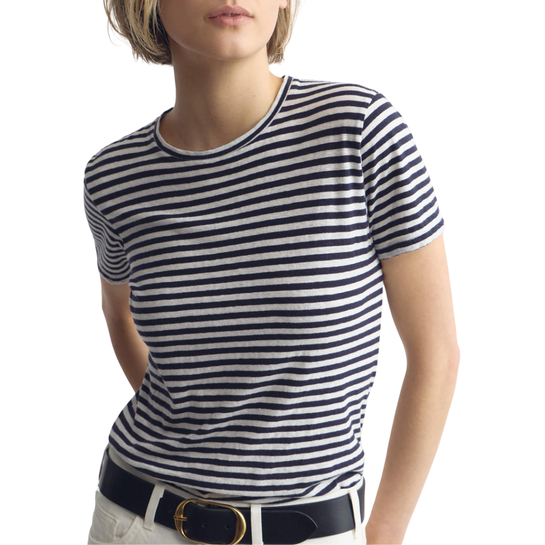 Lana Crewneck Tee in White/Dark Navy Stripe