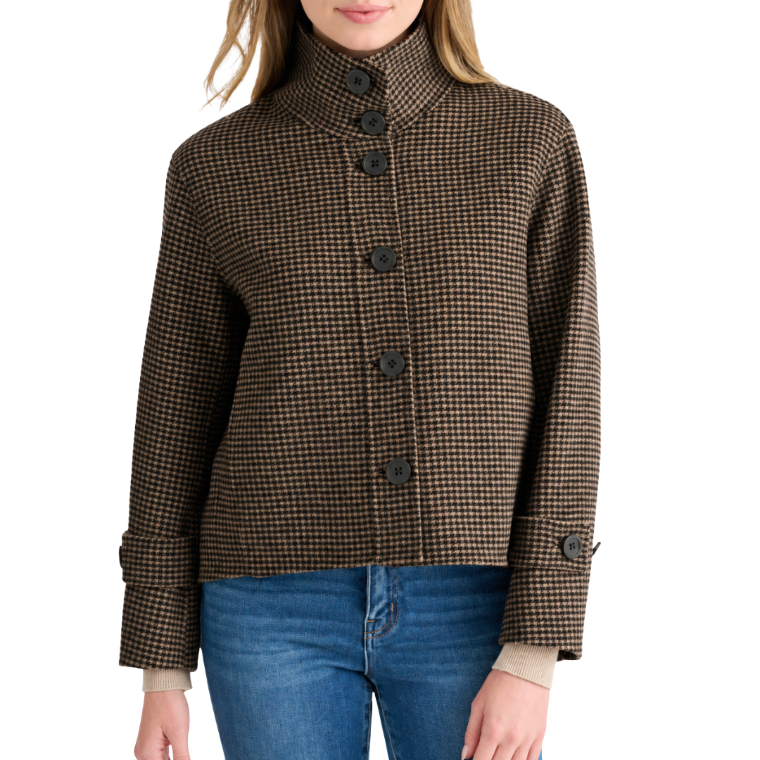 Houndstooth Button Mock Coat in Black Multi