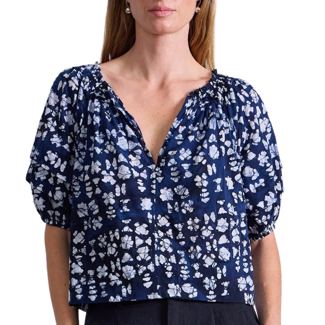 Caminitas Puff Sleeve Top in Batik Geo Indigo