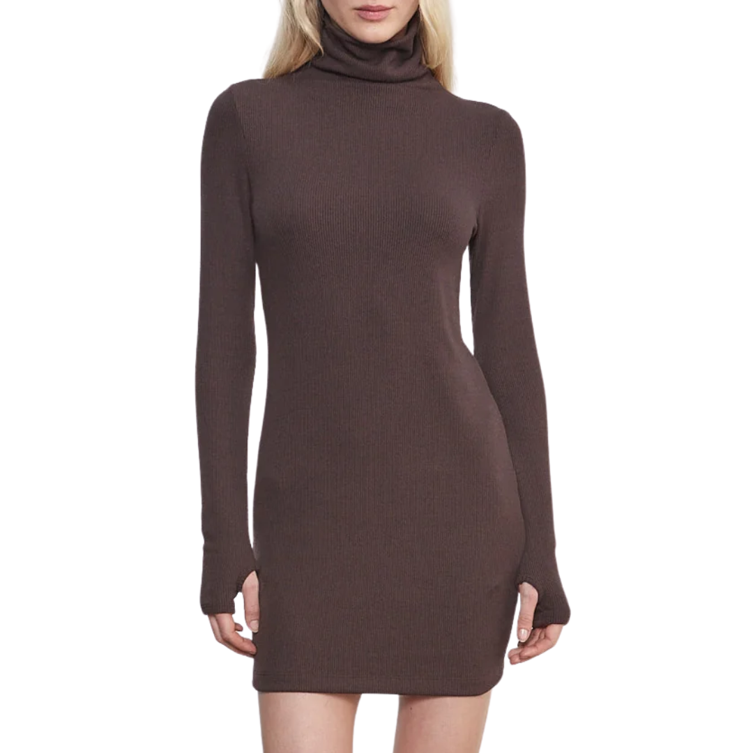 brown turtleneck sweater dress Enza Costa Rib Mini in Something Blue Size:36 inch bodycon fit Garment specs Black Dress Shoes