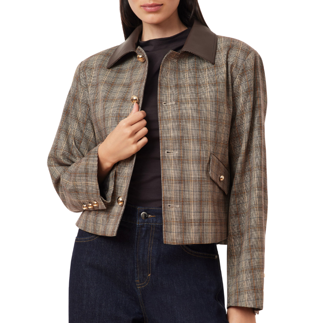 Houndstooth Check Swing Jacket in Brown Houndstooth