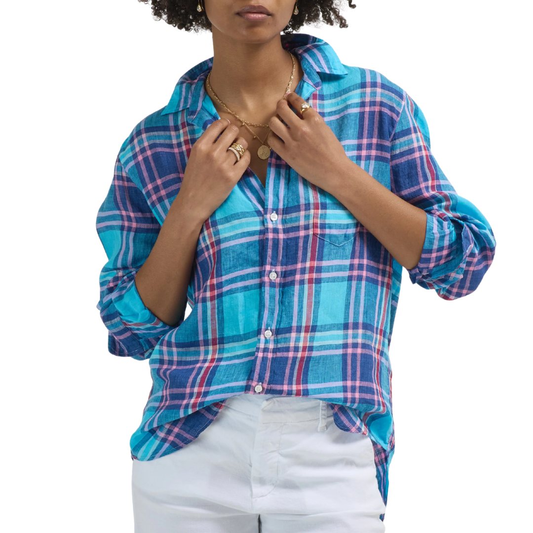 Eileen Relaxed Button-Up Shirt in Turquoise Plaid