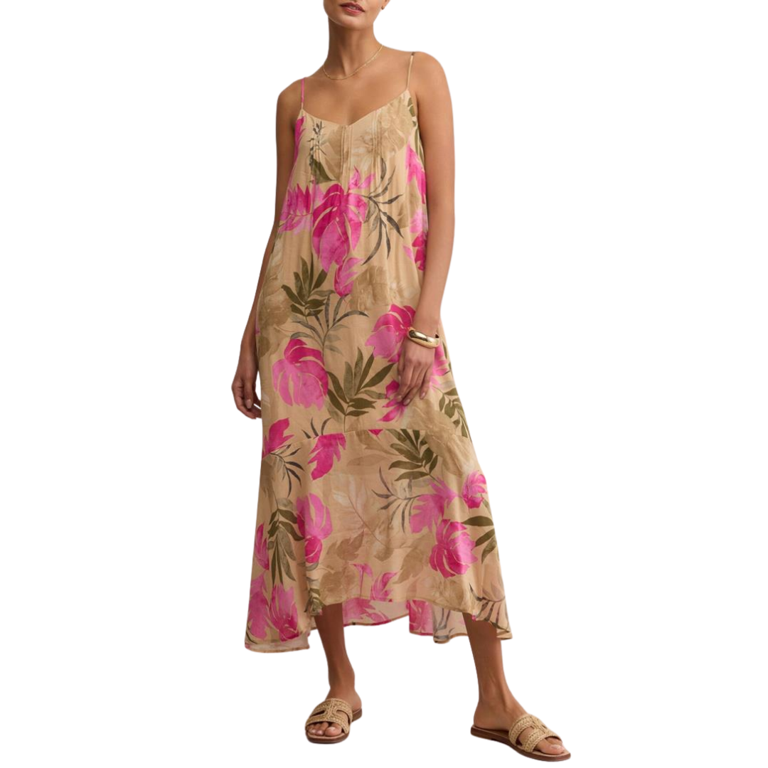 Benson Tropical Midi Dress in Desert Tan
