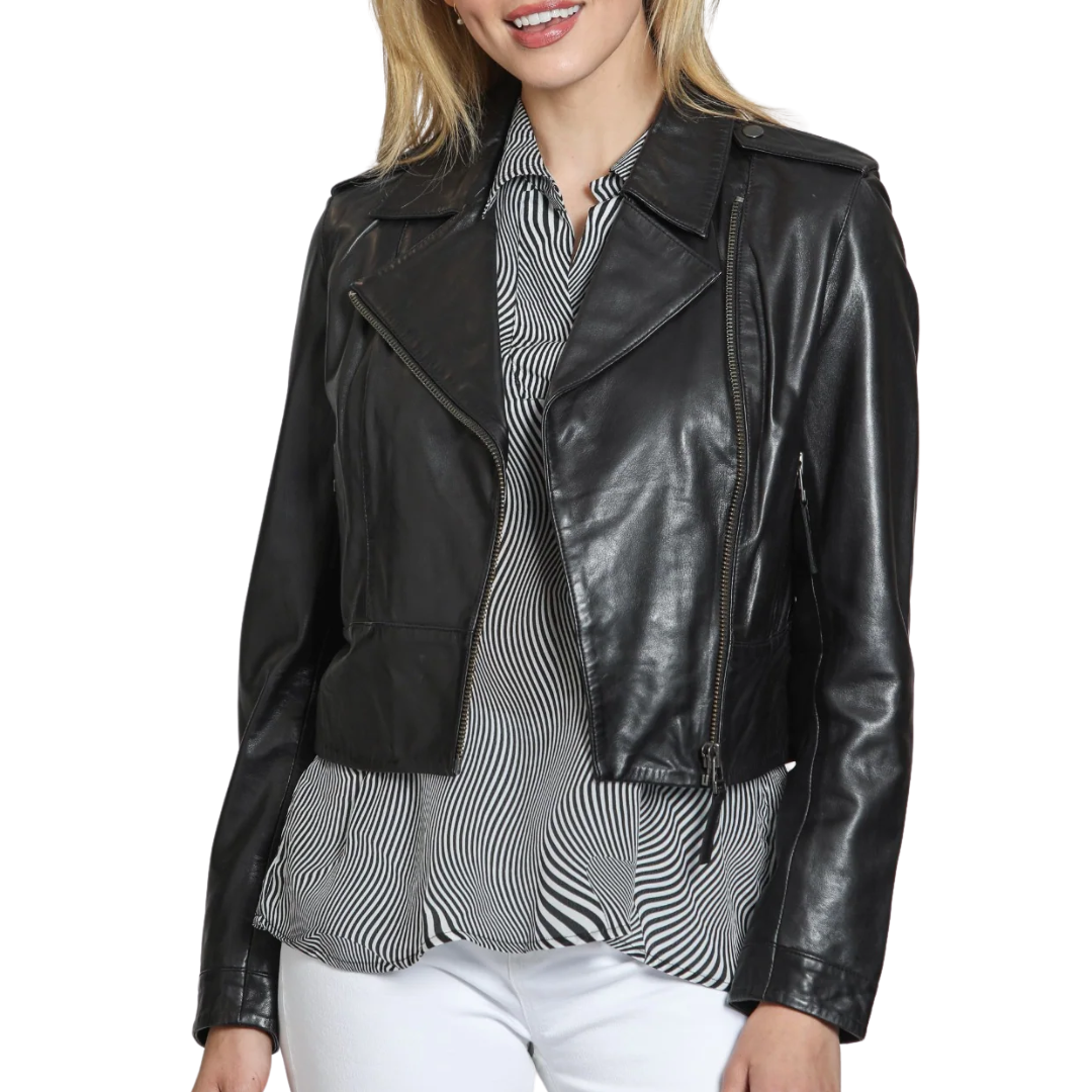 Cropped Washed & Waxed Leather Jacket in Black