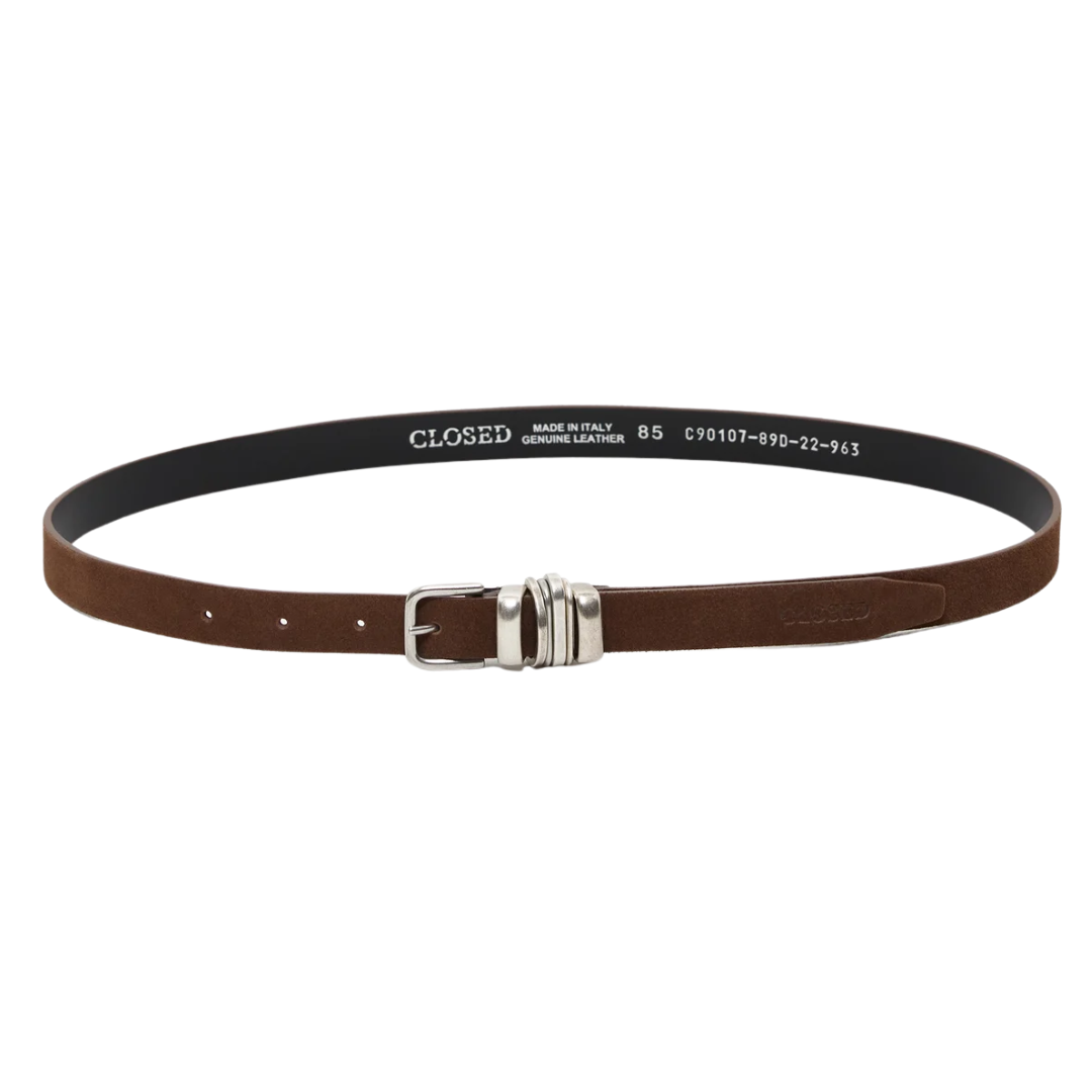Leather Belt Buckle Detail in Mahogany Brown