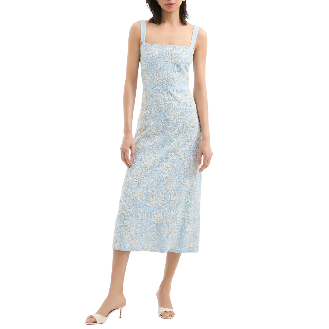 Ella Embroidered Midi Dress in Bluebell/Ecru