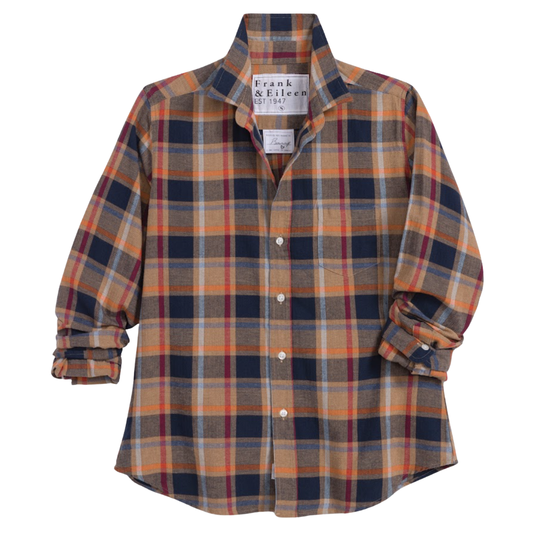 Barry Tailored Button-Up Shirt in Gold and Navy with Orange Plaid Flannel
