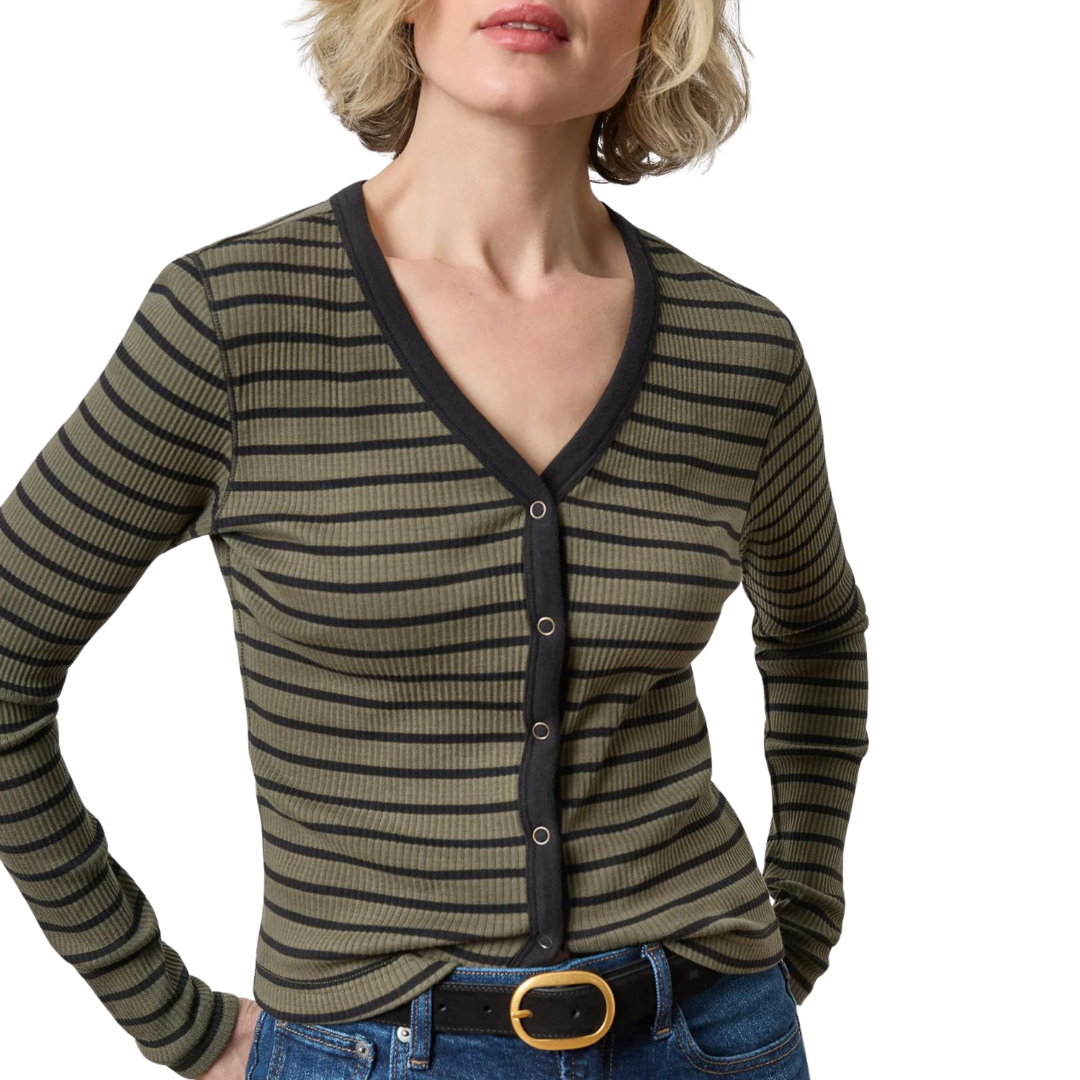 Button Front Ribbed Cardigan in Olive Stripe