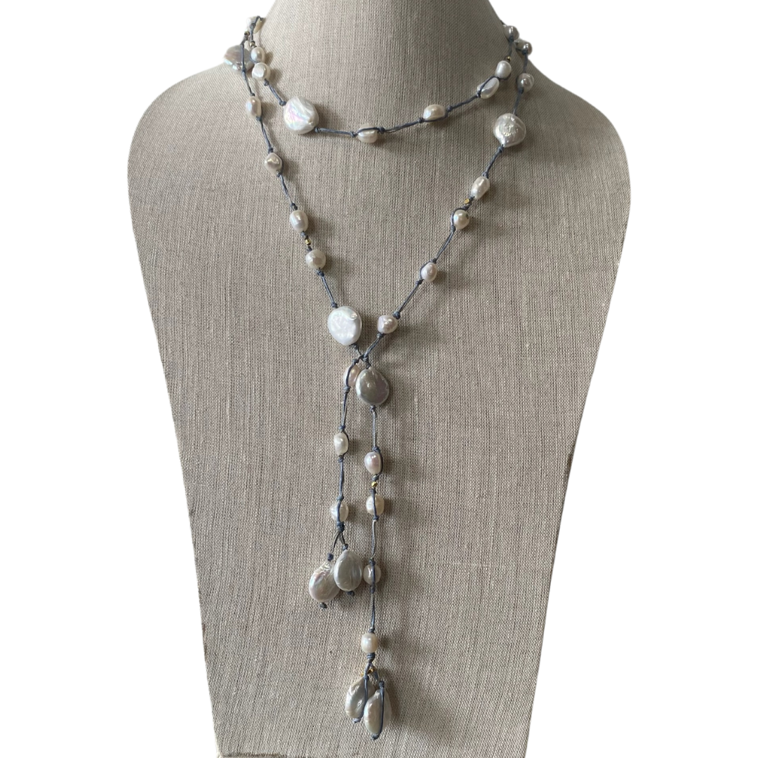 Elsa Silk Lariat in Denim/White Pearl