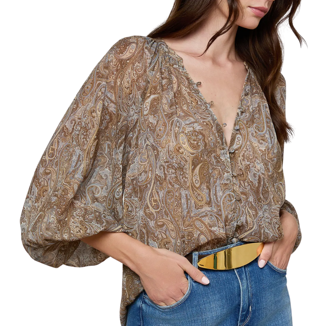 Teagan Blouse in Neutral/Blue Ditsy Paisley
