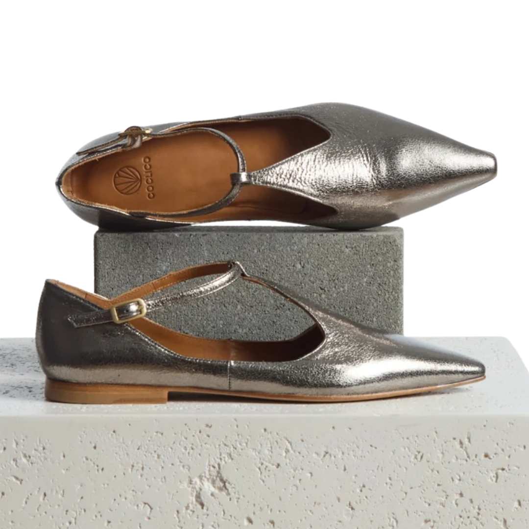 Celeste T-Strap Flat in Acero Crinkled Metallic Leather