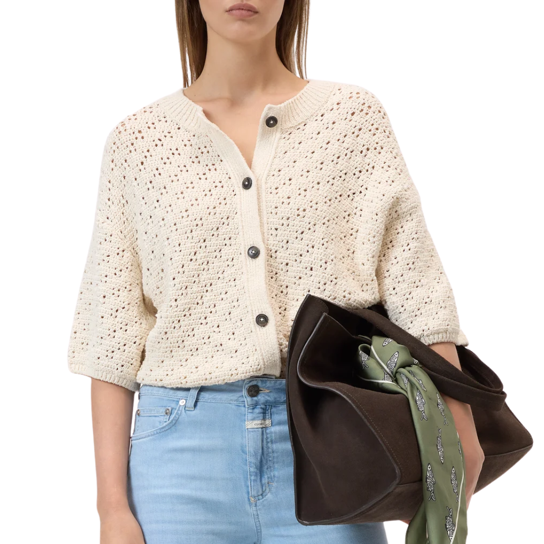 Crew Neck Knit Cardigan in Ivory