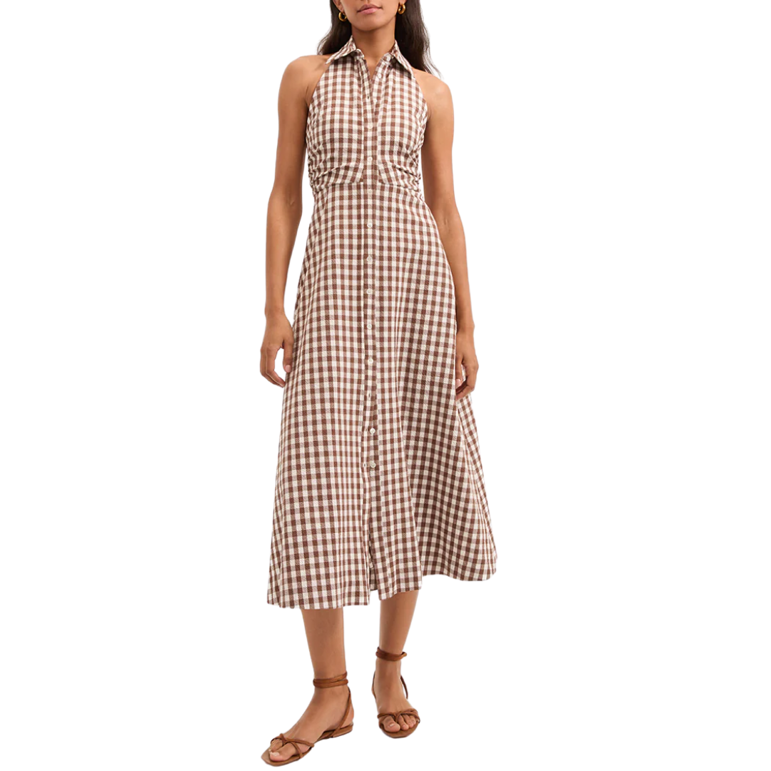 Mackey Gingham Seersucker Halter Dress in Light Chicory/Dove