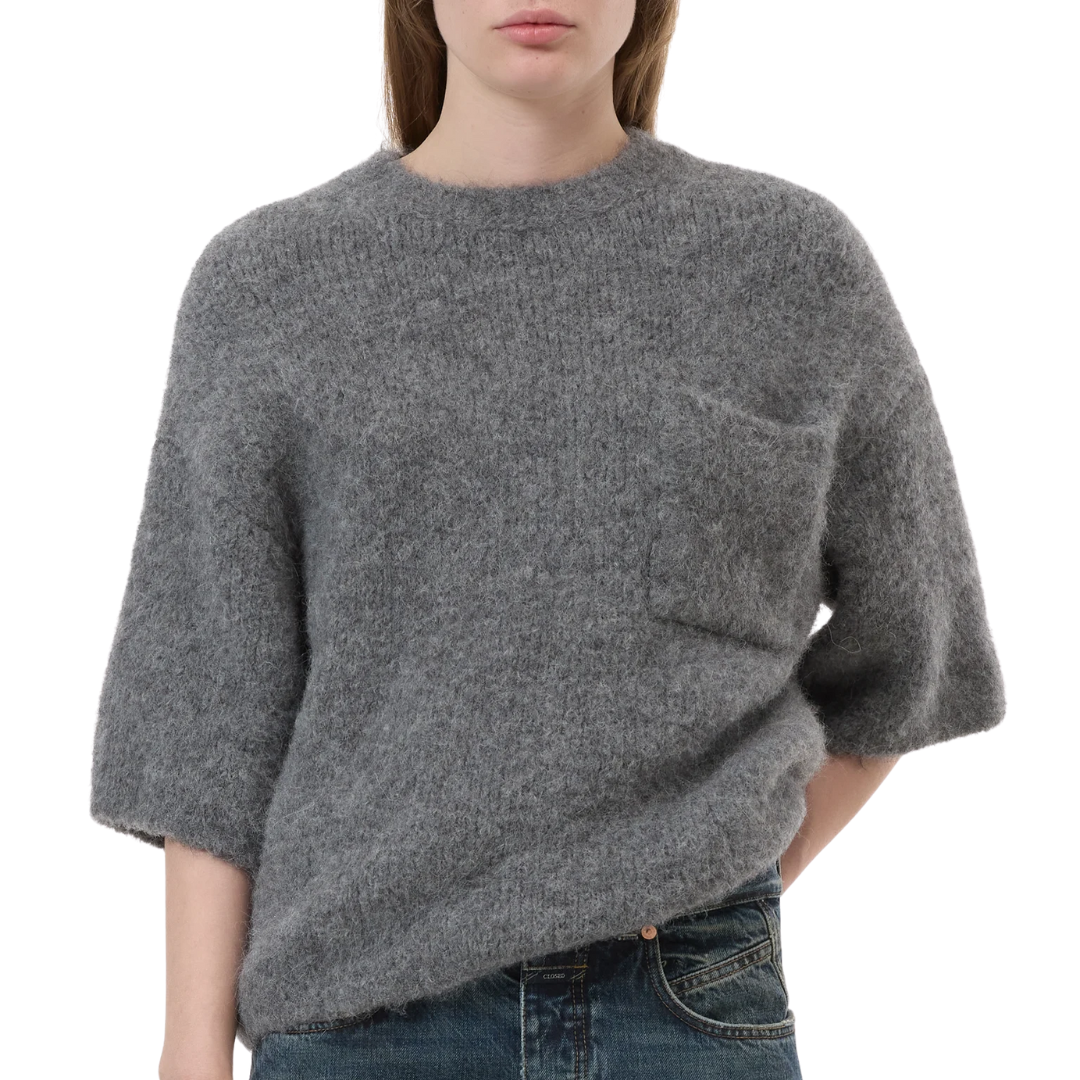 Short-Sleeve Alpaca-Mix Knit in Dark Grey Melange