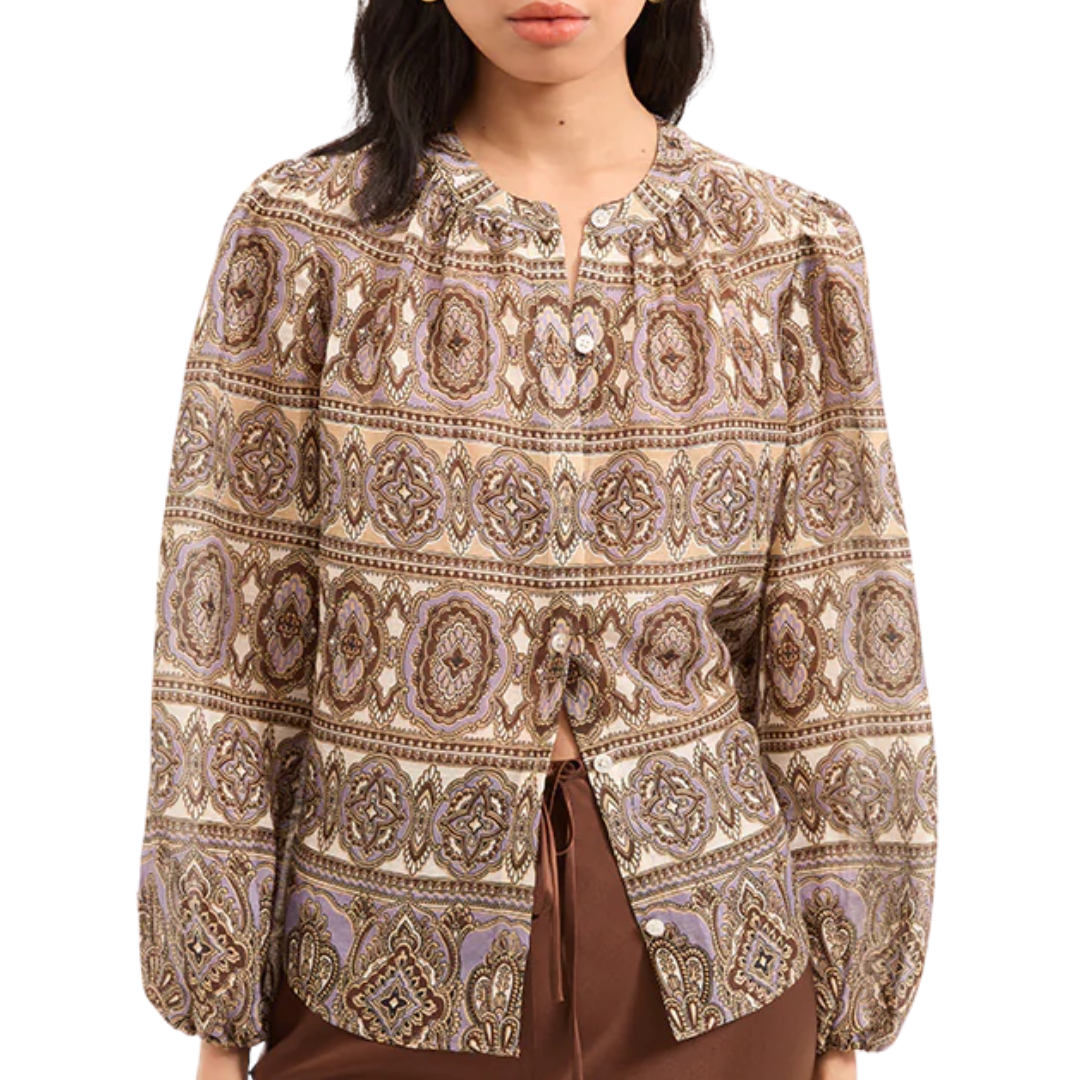 Ashlynn Silk-Linen Blouse in Stone Khaki Multi
