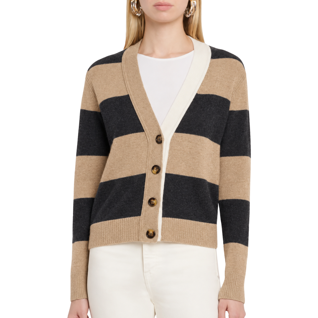 4-Ply Rugby Cardigan in Pepper/Cork/Chalk Combo