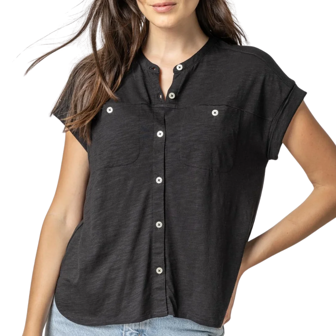Mandarin Collar Button Down Shirt in Black