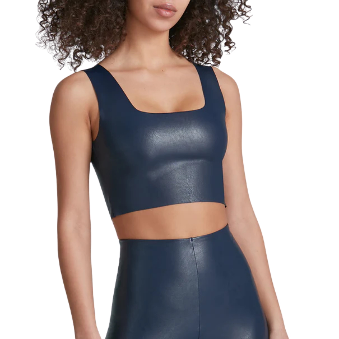 Faux Leather Squareneck Crop Top in Navy