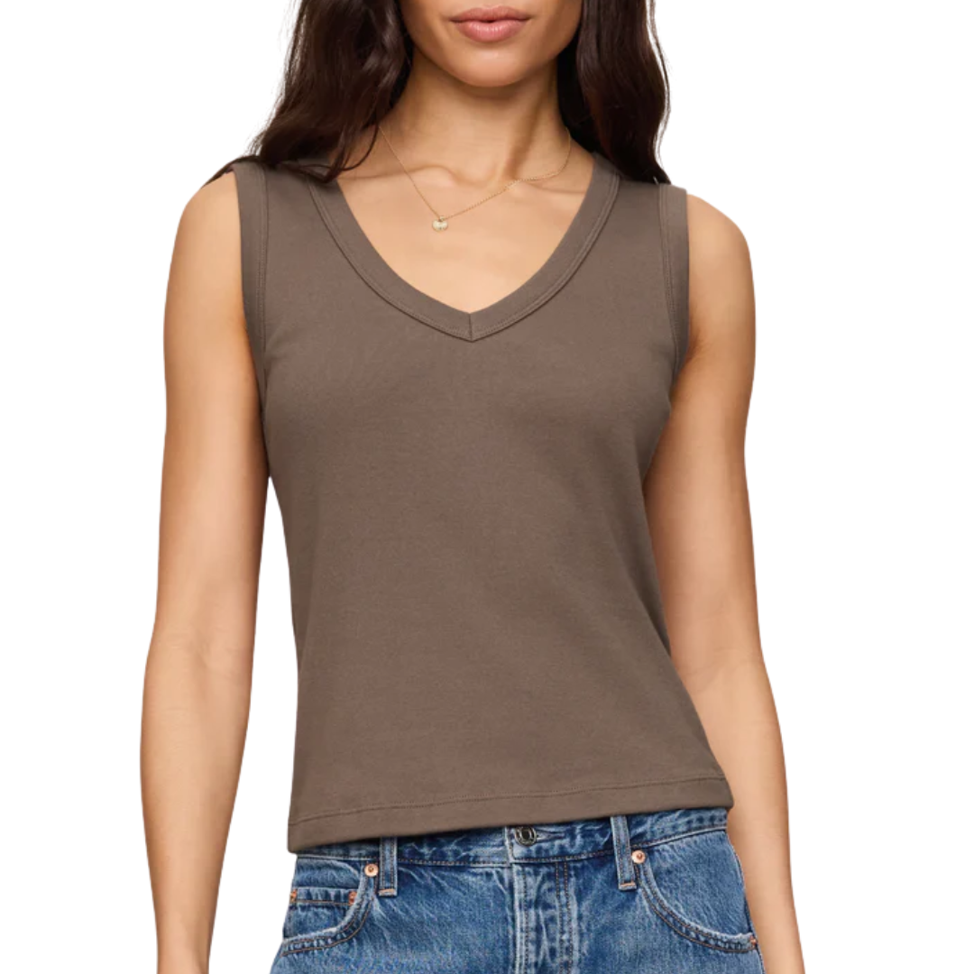 Ellie Rib V-Neck Tank in Pebble Coast