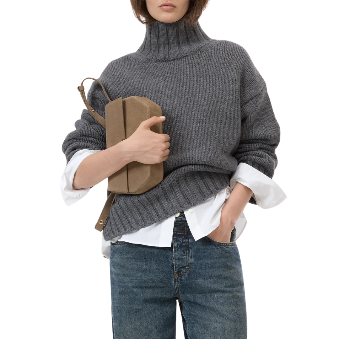 Pure Wool Roll Neck Pullover in Dark Grey Melange