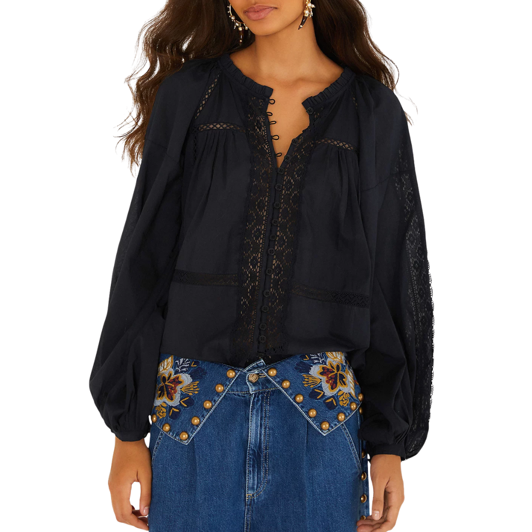 Boho Lace Long Sleeve Blouse in Black