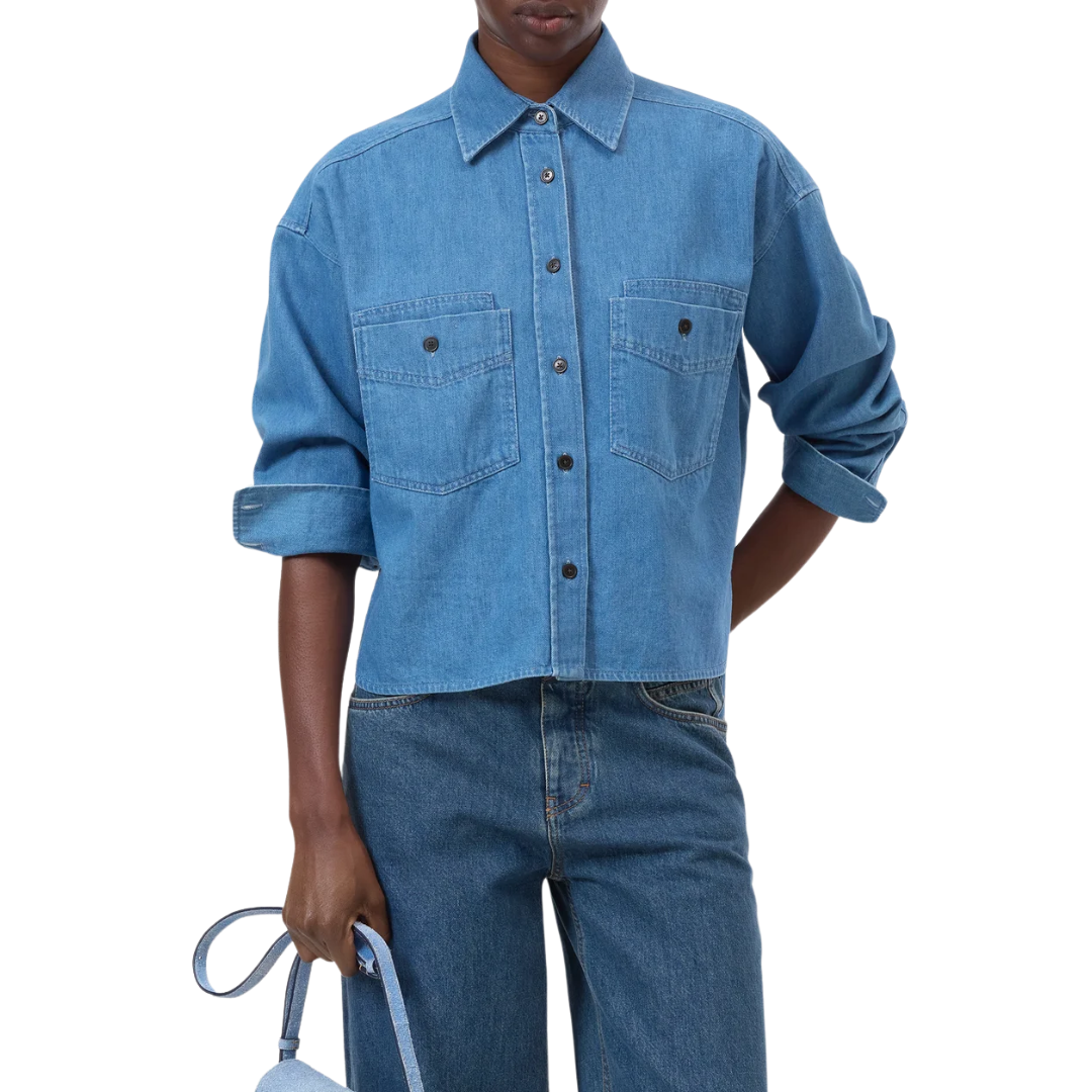 Cropped Denim Shirt in Mid Blue
