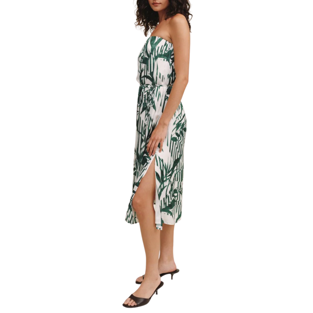 Flowy Strapless Midi Dress in Palm Paradise Print