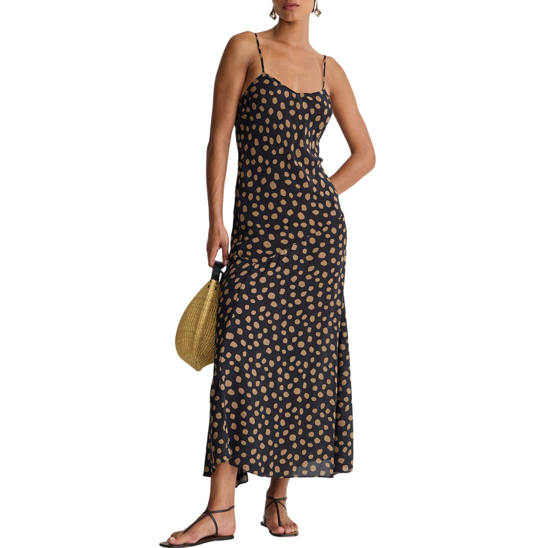 Kasimira Bias Slip Dress in Yayoi Black & Camel