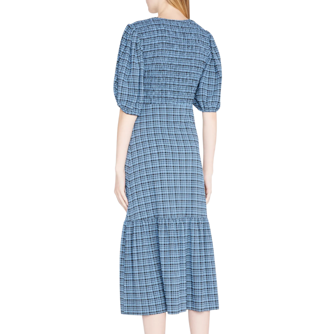 Seersucker Smocked Midi Dress in Granada Sky