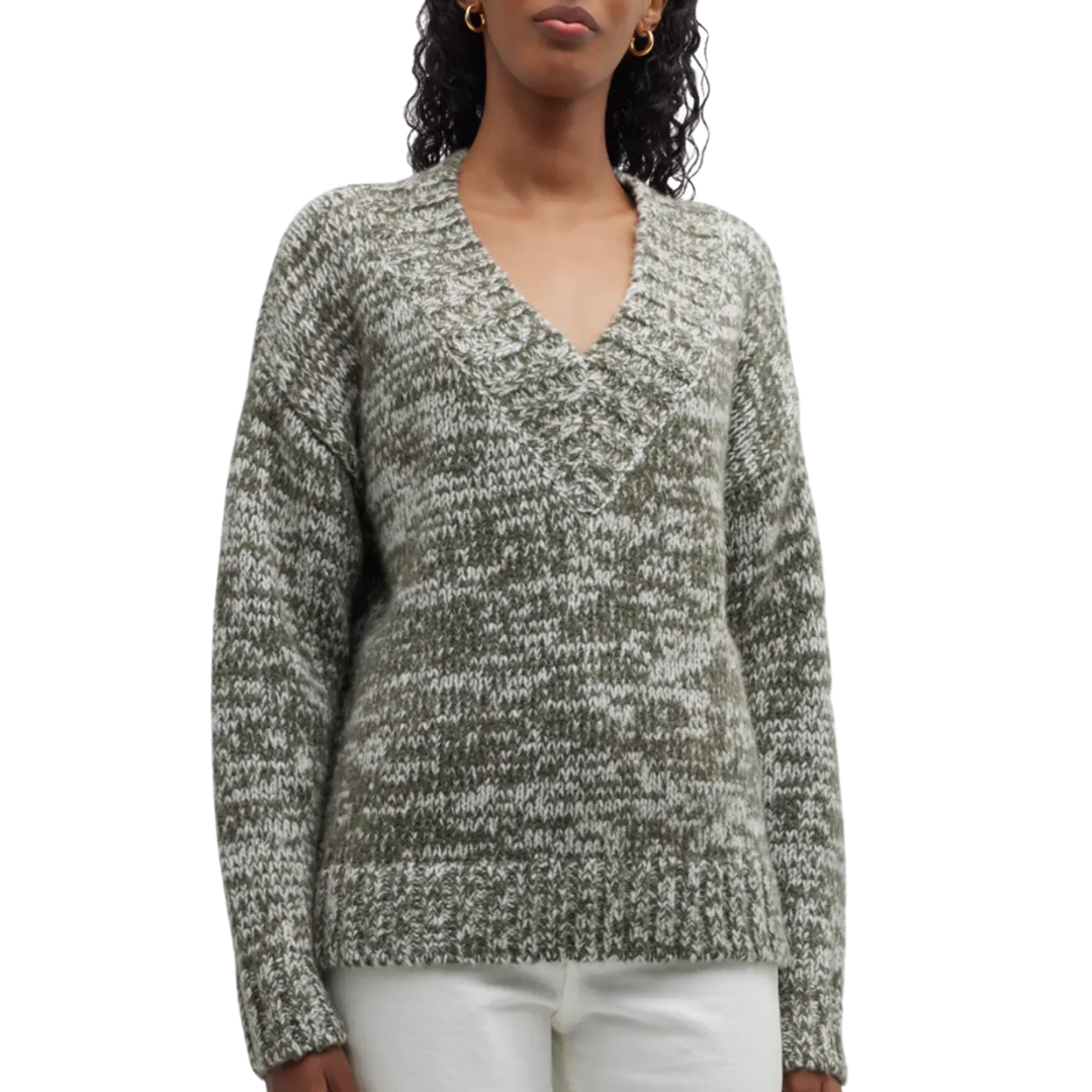 Marled Lofty Oversized V Neck in Moss Green