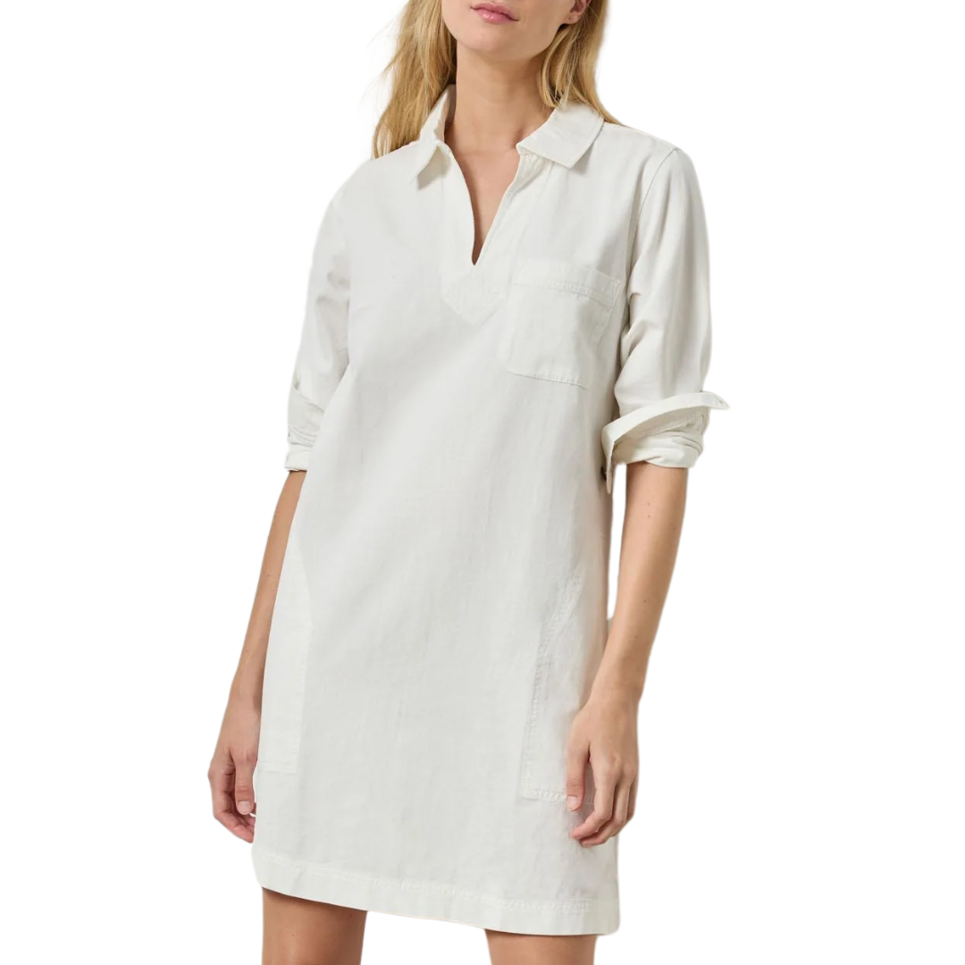Split Neck Collared Dress in White