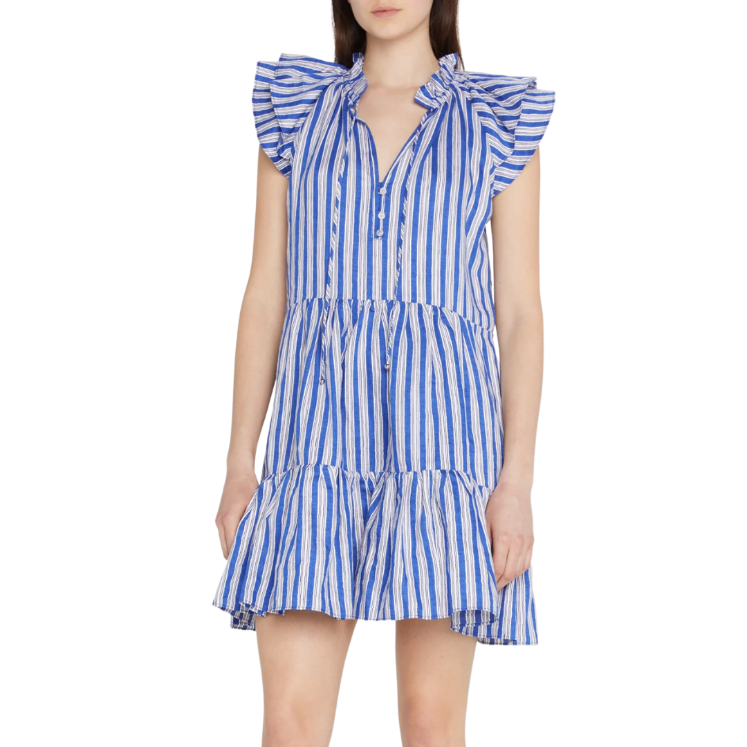 Zee Striped Flutter Sleeve Ruffle Tiered Mini Dress in Cobalt Multi