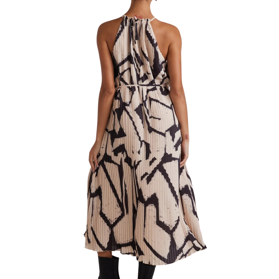 Knife Pleat Halter Maxi Dress in Ivory Mosaic Print