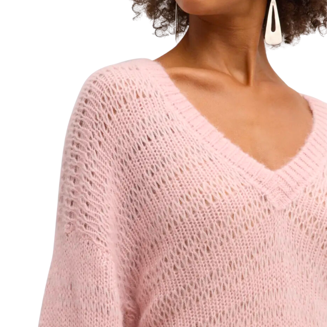 Alpaca Blend Open Stitch V-Neck in Blush