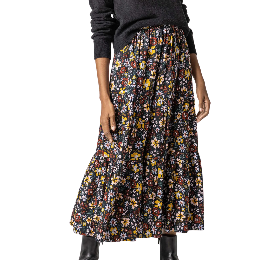 Floral Tiered Skirt in Black Floral
