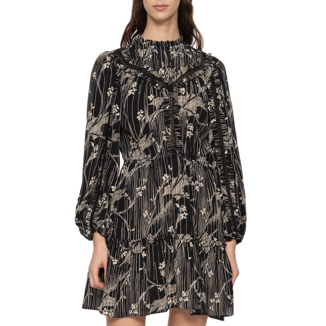Sunniva Print Long Sleeve Dress in Black