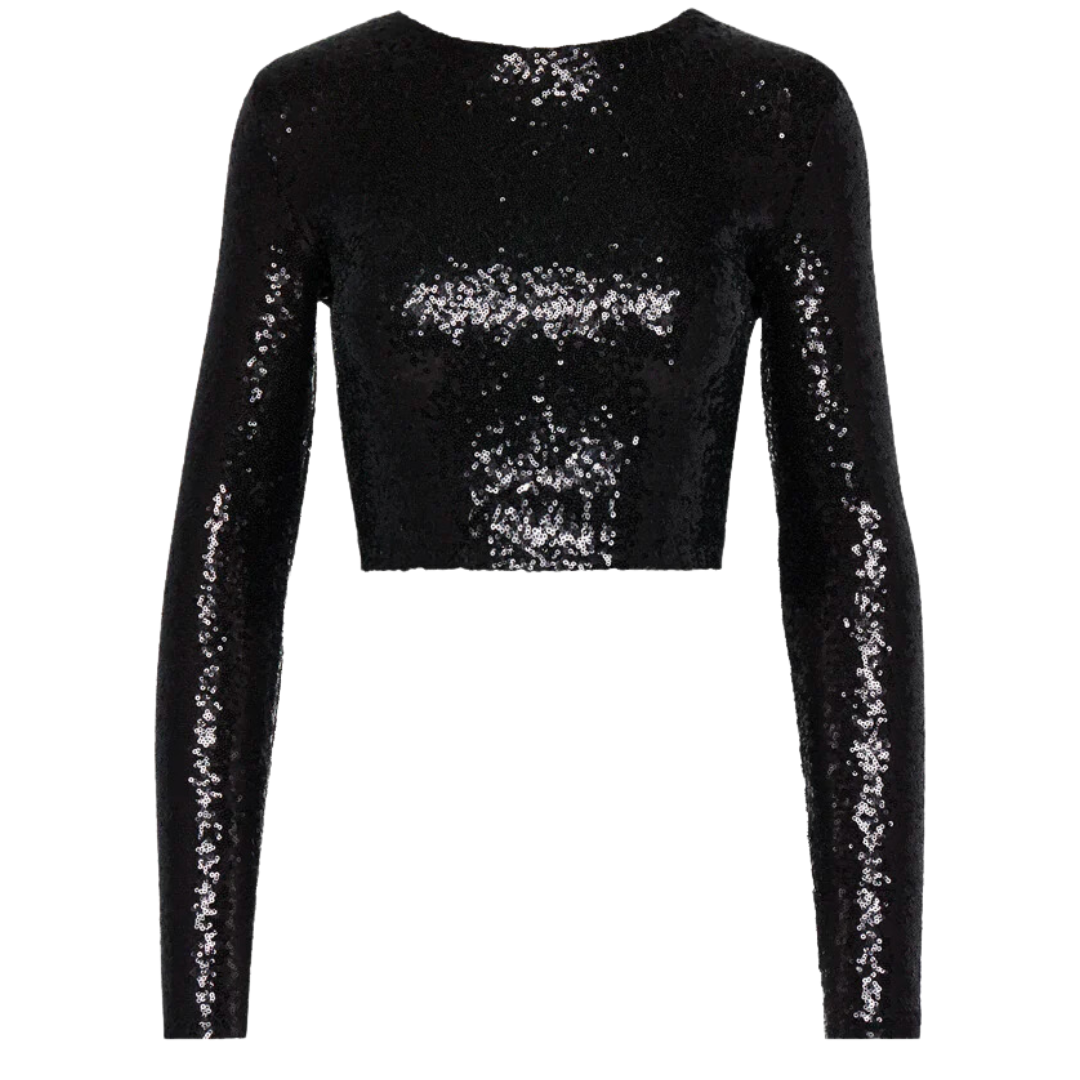 Sequin Long Sleeve Crewneck Crop Top in Black