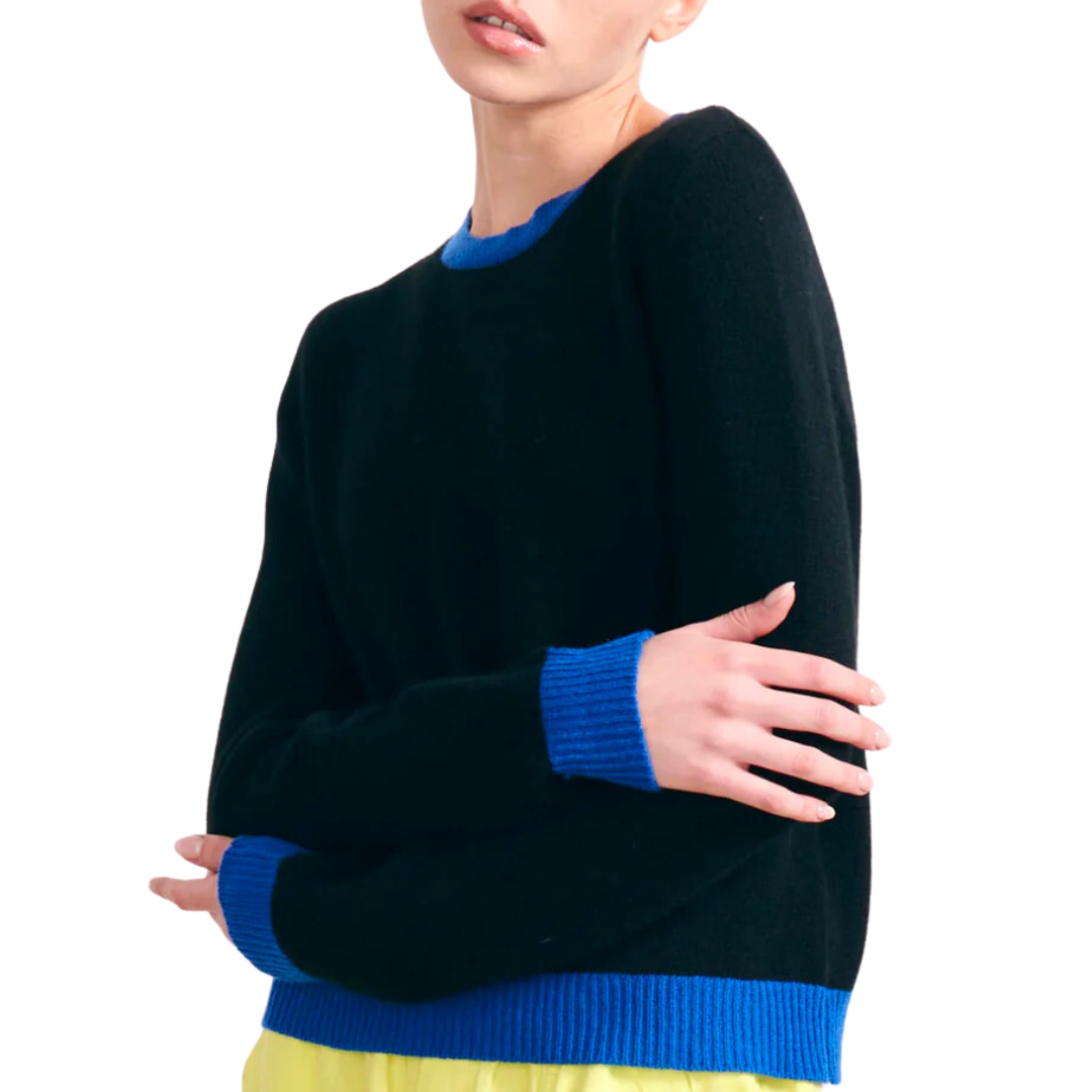 Contrast Cashmere Crew in Black and Bright Blue
