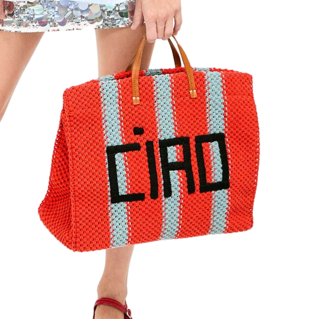 Summer Simple Tote in Bright Pop Sunfaded Blue Crochet Stripe w/ Ciao