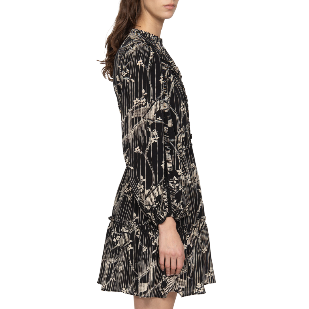Sunniva Print Long Sleeve Dress in Black