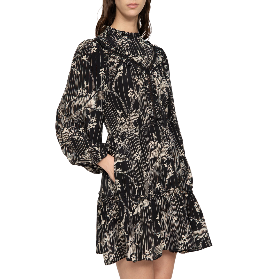 Sunniva Print Long Sleeve Dress in Black