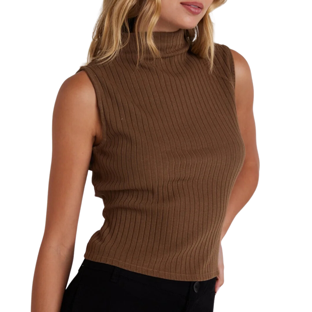 Rib Mock Neck Top in Olive Bronze