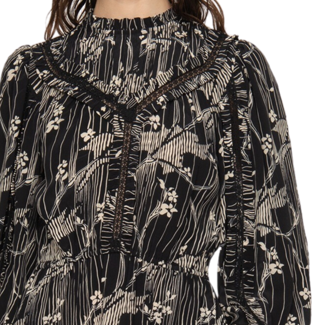 Sunniva Print Long Sleeve Dress in Black