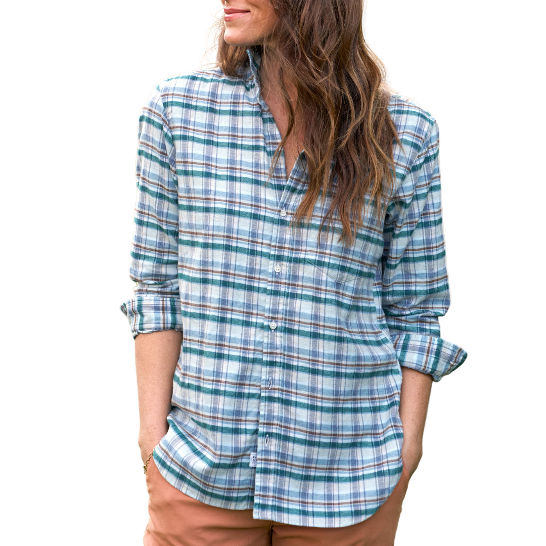 Joedy Boyfriend Button-Up Shirt in Italian Flannel Cream, Green, Blue Plaid
