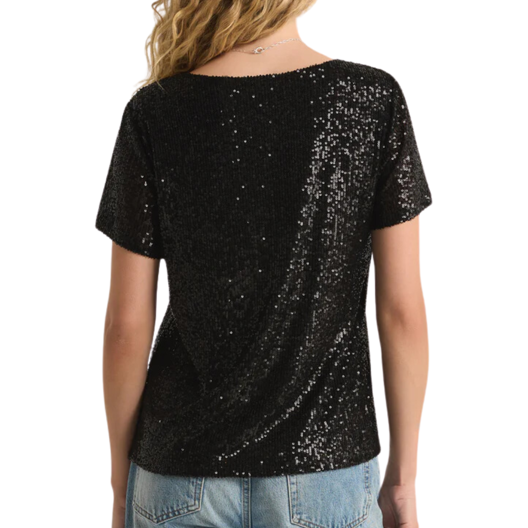 Marbella V-Neck Sequin Top in Black