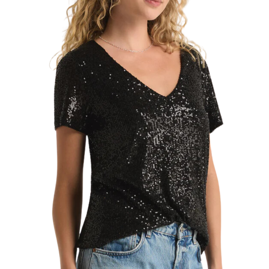 Marbella V-Neck Sequin Top in Black