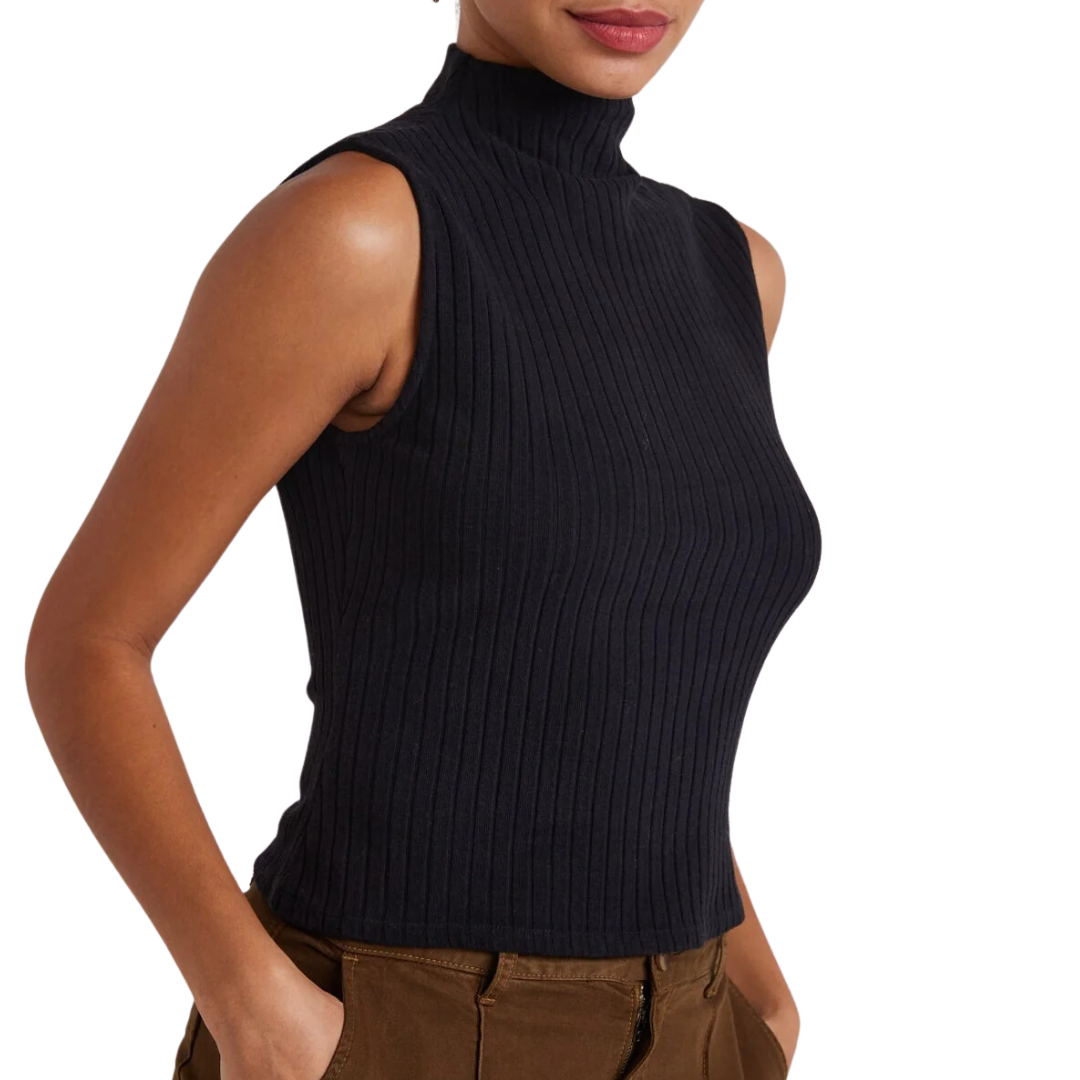 Rib Mock Neck Top in Black