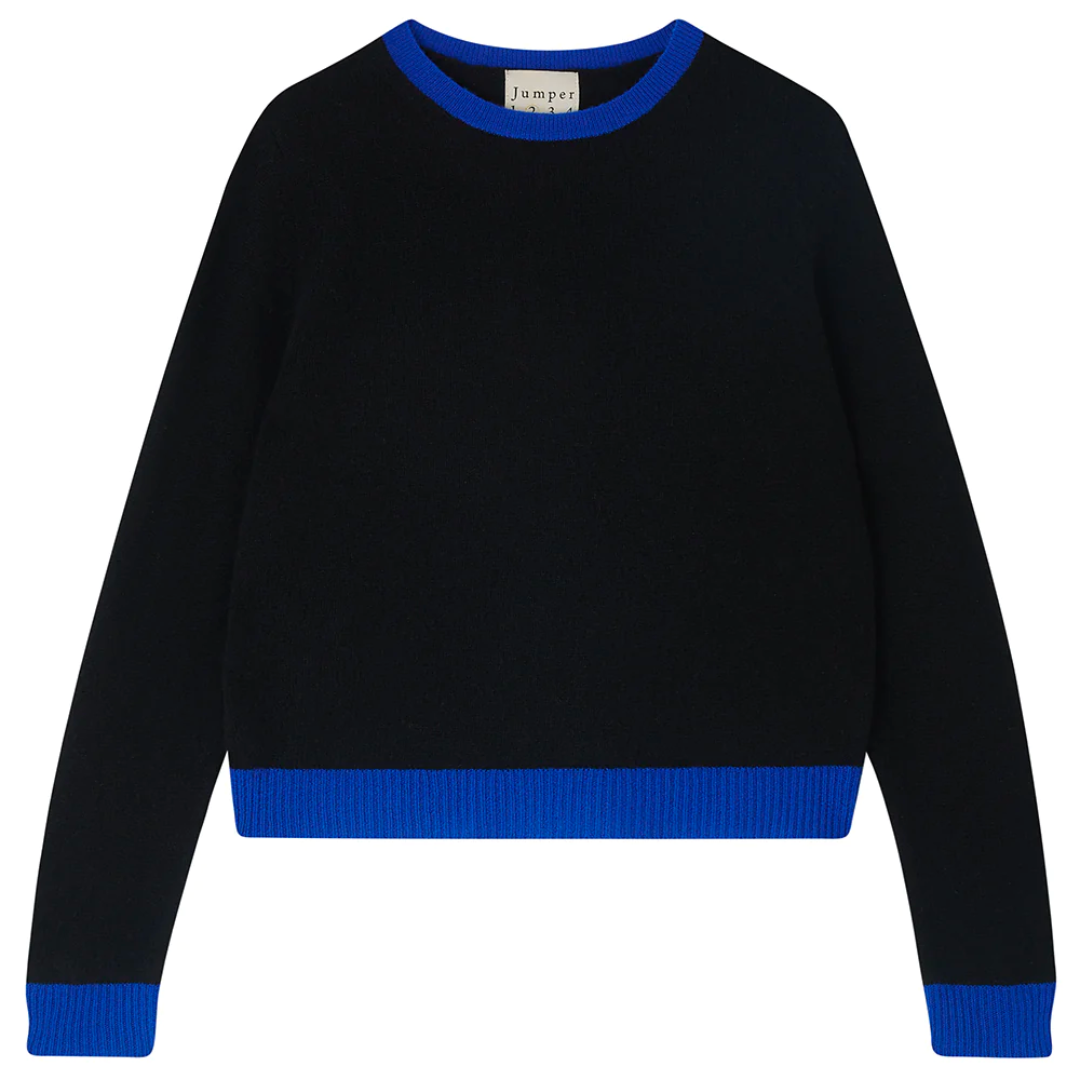 Contrast Cashmere Crew in Black and Bright Blue