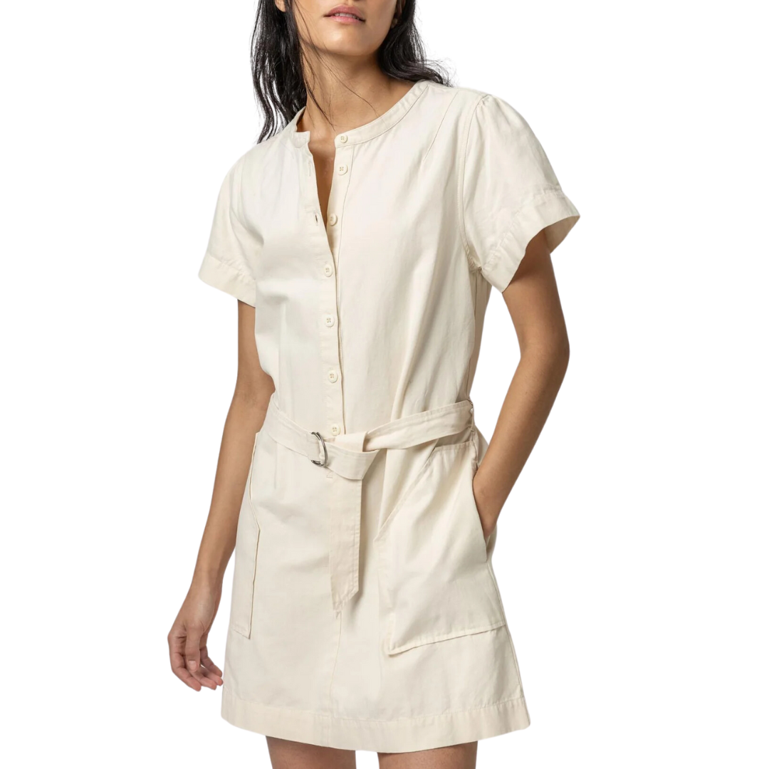 Half-Placket Canvas Dress in Ecru